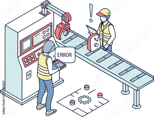Factory workers examine conveyor belt error with robotic arm vector