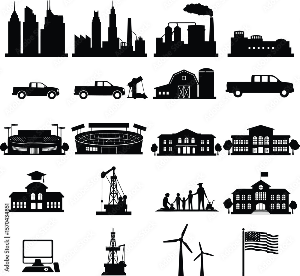 Obraz premium Diverse Industrial, City, and Infrastructure Silhouette Icon Set: Skyscrapers, Factories, Stadiums, Farms, Oil Rigs, Windmills, Pickup Trucks, Schools, and American Flag for Economy and Development.