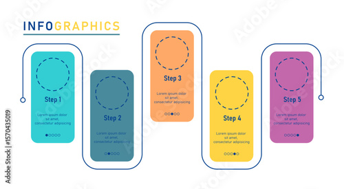 Blank fivestep process infographic template for business presentations. Suitable for explaining project phases, tutorials, workflow, and strategy visualization.