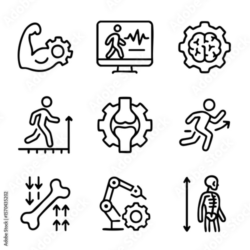 A set of doodle line icons representing biomechanics, joint analysis, body movement, rehabilitation, bone strength, and human anatomy