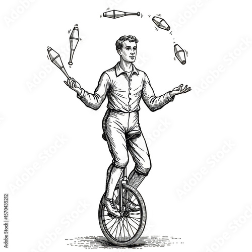 Vintage Illustration of Juggler Riding Unicycle Transparent Background