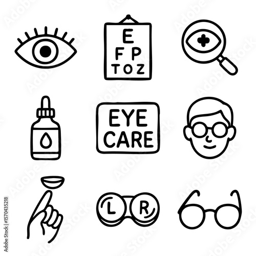 A set of doodle line icons about eye care, vision tests, glasses, eye drops, contact lenses, optometry, and healthy eyesight