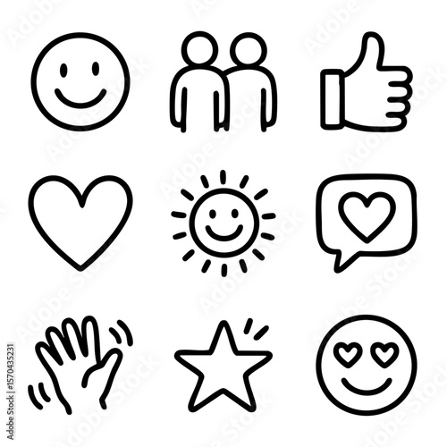 A set of doodle line icons expressing joy, friendship, affection, kindness, optimism, positive feedback, and emotional connection