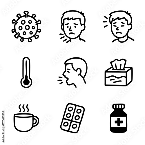 A set of doodle line icons showing flu symptoms like fever, cough, sore throat, and remedies including tea, tissues, and medicine