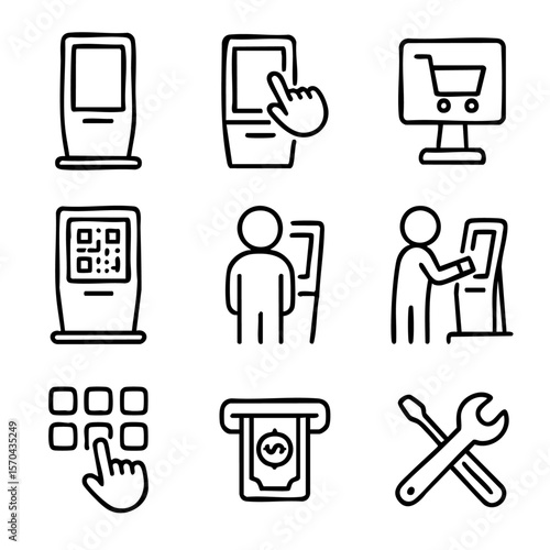 A set of doodle line icons showing self-service kiosks, touchscreen interaction, digital payment systems, QR codes, ATM withdrawal, and kiosk maintenance