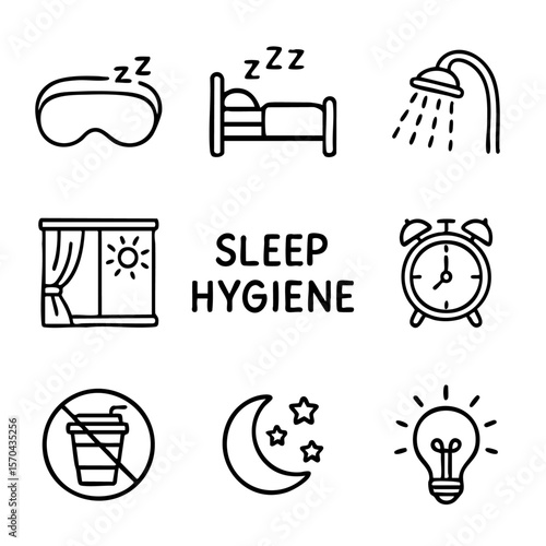 A set of doodle line icons representing good sleep hygiene, bedtime habits, relaxation routines, healthy sleep environment, and night preparation