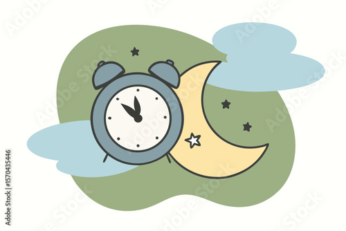 3D Crescent Moon And Blue Alarm Clock With Cloud Elements