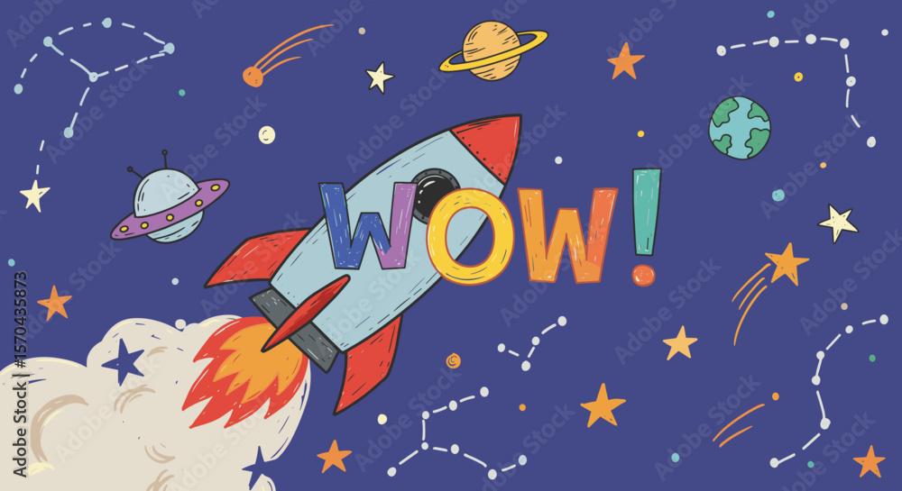 Cartoon rocket launching with stars and planets in space scene Cartoon rocket launching with stars and planets in space scene