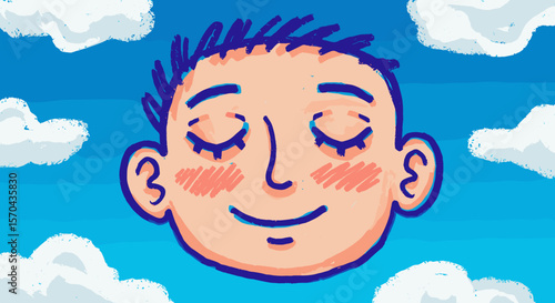 Smiling boy with closed eyes against blue sky and clouds  