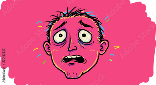 Anxious man with sweat looking scared against a pink background  