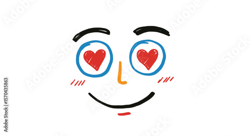 Smiling face with heart-shaped eyes and colorful features  