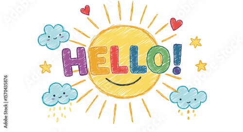 Colorful sunny illustration with the word 'Hello' and clouds  