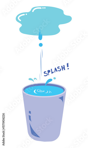 Leaky roof with dripping and splashing water into full water bucket. Illustration with simple flat cartoon style isolated on vertical white background.