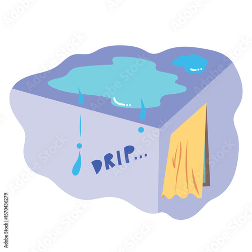 Leaky roof with water dripping from indoor room ceiling. Illustration with simple flat cartoon style isolated on square white background.