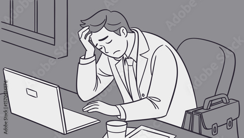 tired businessman in office works at his desk, focused on the laptop, a diligent worker managing his job