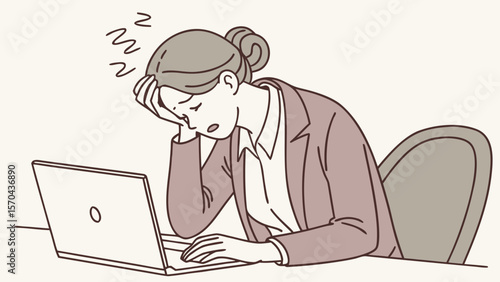 Cartoon vector illustration of tired people working on laptops at an office desk