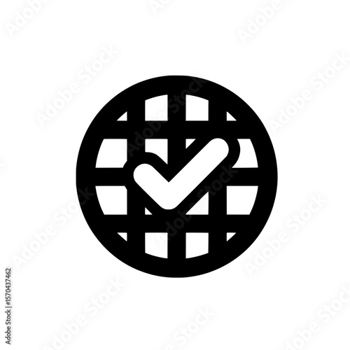 Digital globe icon with a checkmark indicating global approval, success, or verification