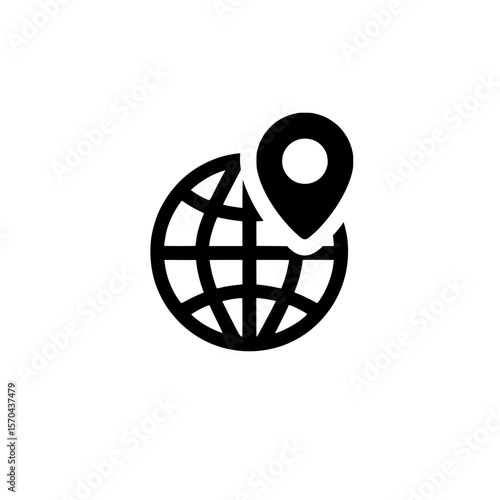 Black icon of a spherical globe with a pinpoint marker over a grid representing worldwide tracking