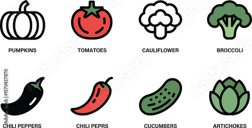 Illustrated icons of pumpkins tomatoes cauliflower broccoli chili peppers cucumbers and artichokes