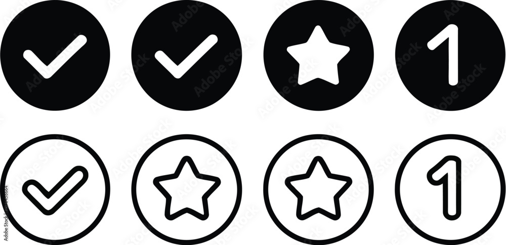 White rectangle with two rows of icons including checkmarks stars and the number one displayed White rectangle with two rows of icons including checkmarks stars and the number one displayed