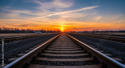 Railway Track Extending Towards Sunset With Orange And Blue Sky Horizon Over Rural Landscape