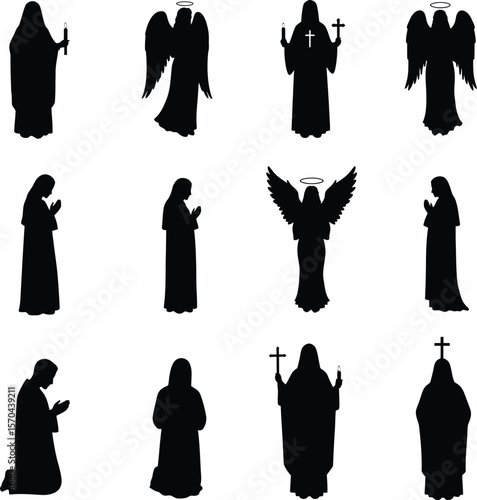 Religious and Christian Figure Silhouette Vector Set: Angels with Halos, Priests, Nuns, and People in Prayer and Worship Poses, Holding Crosses and Candles for Faith and Church-Related Design.