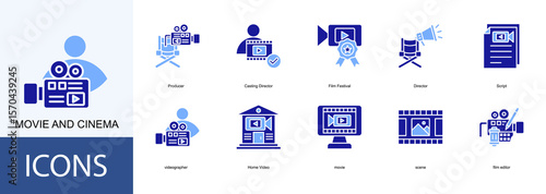 Movie and cinema icon collection set. Containing Producer, Casting Director, Film Festival, Director, Script icon
