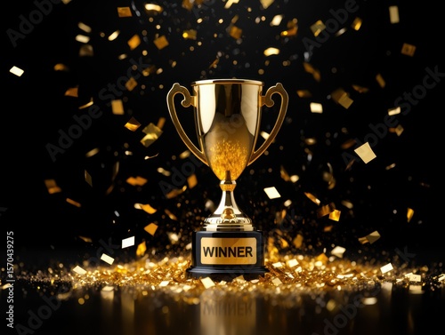 Wallpaper Mural Golden winner trophy surrounded by falling confetti and glitter on a dark background Torontodigital.ca