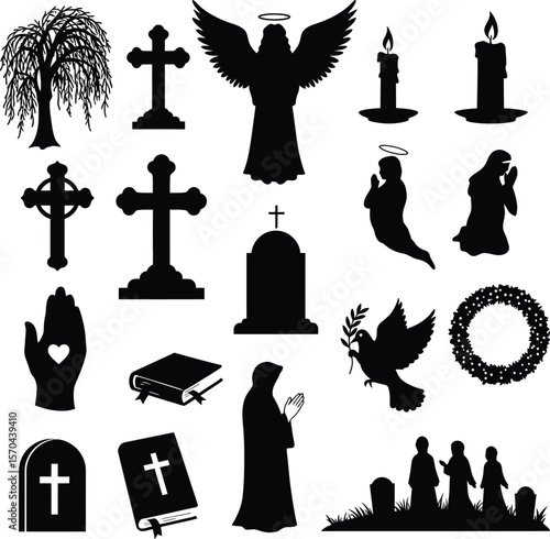 Funeral and Mourning Black Silhouette Icon Set: Crosses, Gravestones, Angel, Weeping Willow Tree, Candles, Bible, Prayer, Dove, Wreath, and Cemetery Symbols for Christian and Memorial Services.