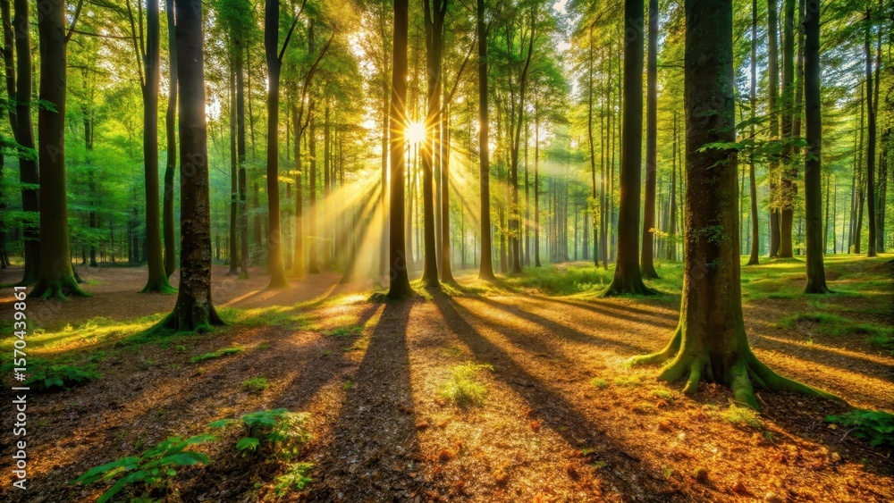 Fototapeta premium Warm sunlight filters through leafy trees, casting dappled shadows on forest floor, sunlight, nature