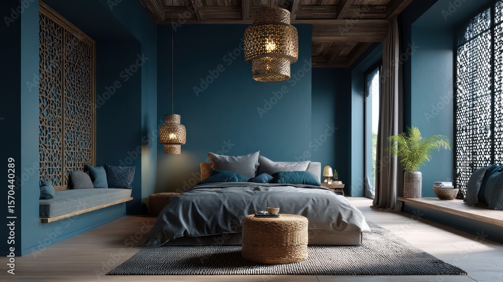Fototapeta premium Moroccan-inspired master bedroom with deep teal and gold palette, intricate patterns under angled light casting lattice shadows, ceramic