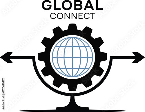 A graphic representation of global connection featuring a globe within a gear and arrows pointing out