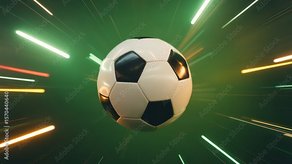 Naklejka premium Soccer ball flying in the air on a green background. 3d rendering