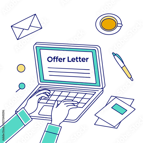 Illustration of a person typing an offer letter on a laptop with surrounding office supplies and coffee