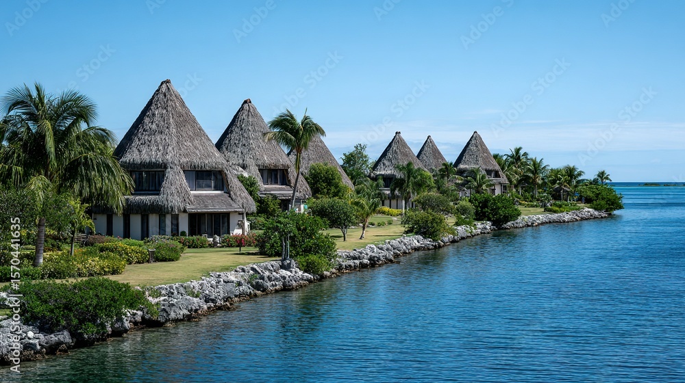Obraz premium Tropical thatched-roof bungalows line a tranquil waterway.