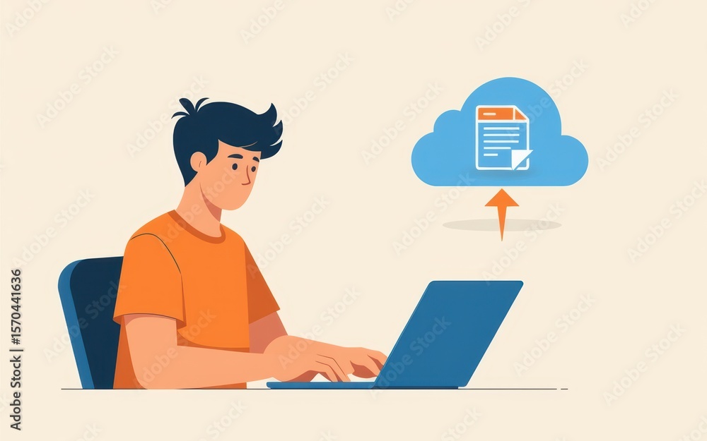 Storage area concept. Young man uploading documents to cloud storage on a laptop. Storage area concept. Young man uploading documents to cloud storage on a laptop.