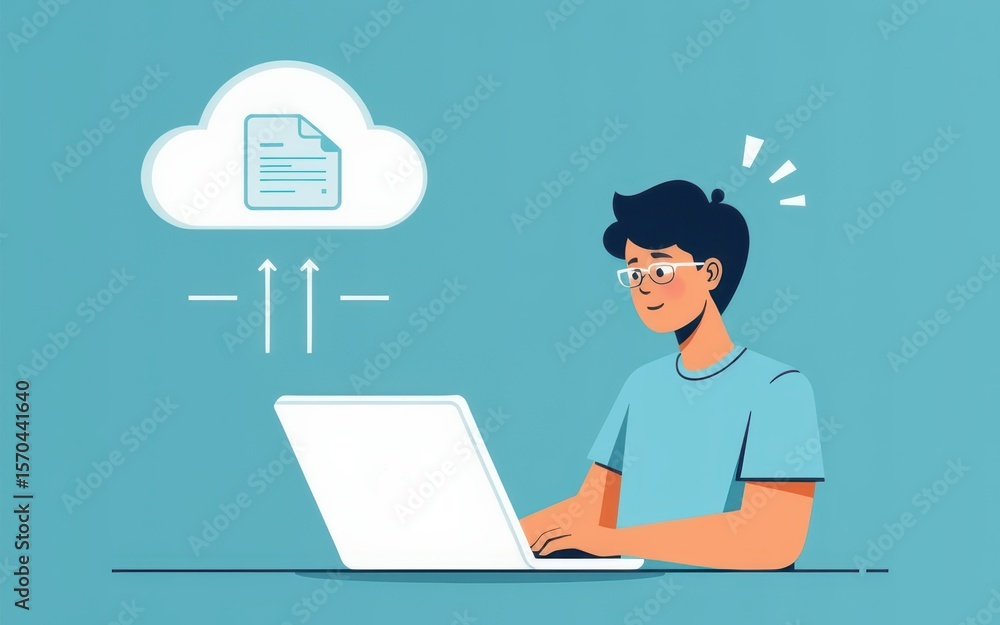 Storage area concept. Young man uploading documents to the cloud on a laptop. Storage area concept. Young man uploading documents to the cloud on a laptop.
