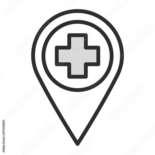 vector icon of a location map pin with a medical cross inside, representing a hospital, clinic, emergency room, pharmacy, first aid, or health services GPS navigation point