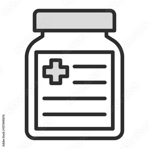 line icon of a medicine or pill bottle with a screw-top cap, featuring a label that includes a medical cross and three horizontal lines, representing prescription drugs, pharmacy services, treatment