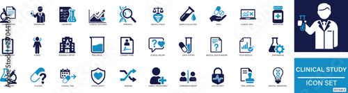 Clinical Study Icon Set  Flat vector icons representing medical research, clinical trials, ethics, data analysis,  Ideal for healthcare, pharmaceutical, and scientific use. Customizable icons