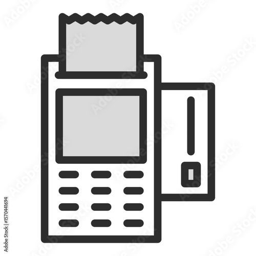 line icon of a point-of-sale terminal or payment machine, with a printed paper receipt coming out the top and a credit card inserted in the side slot, symbolizing retail checkout, business transaction