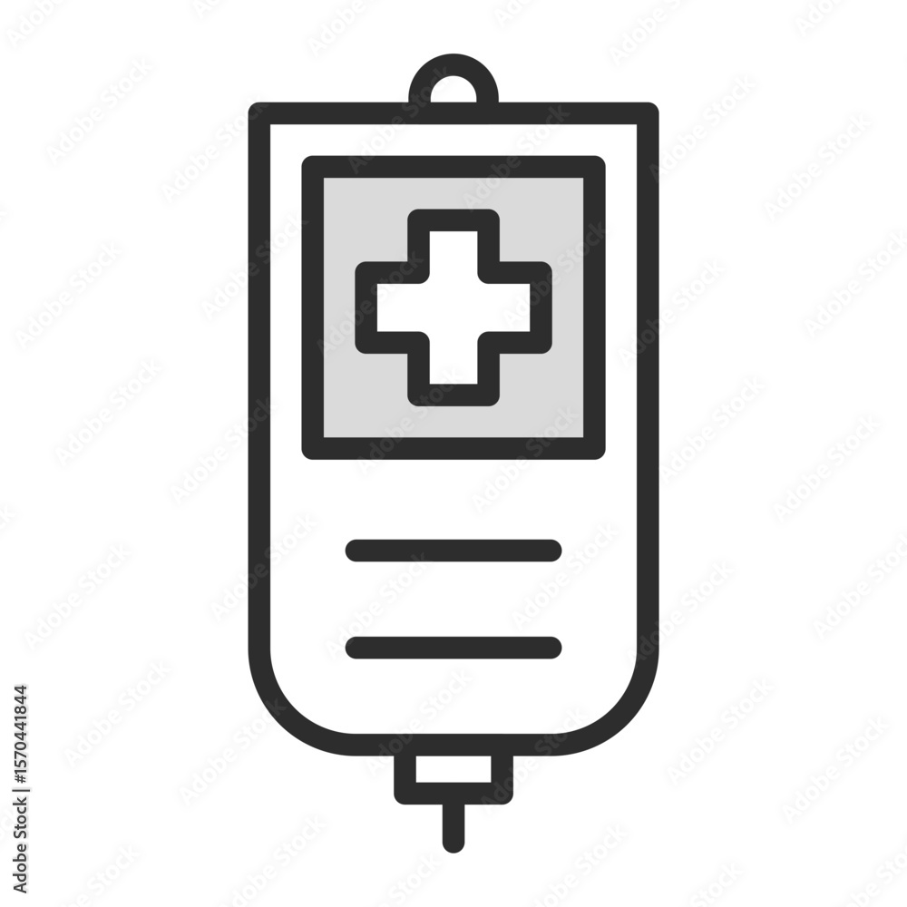 Fototapeta premium line icon of an intravenous or IV drip bag, featuring a central medical cross and fluid lines, symbolizing hospital care, medical treatment, emergency fluid therapy, surgery, blood transfusion