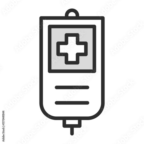 line icon of an intravenous or IV drip bag, featuring a central medical cross and fluid lines, symbolizing hospital care, medical treatment, emergency fluid therapy, surgery, blood transfusion