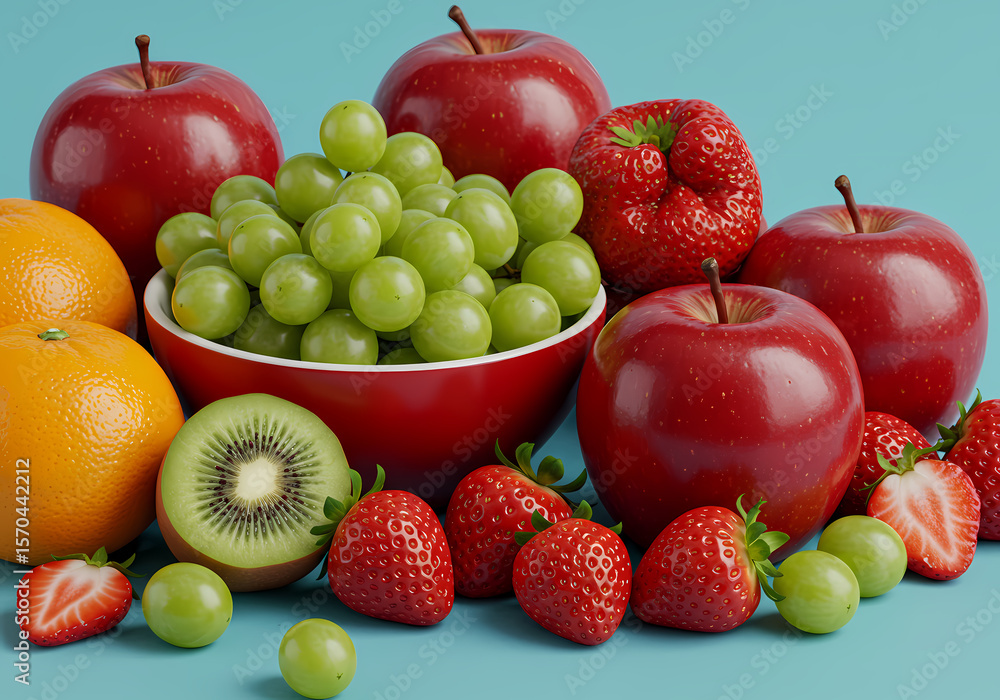 Vibrant Composition of Fresh Fruit Apples Grapes Strawberries Oranges and Kiwi Vibrant Composition of Fresh Fruit Apples Grapes Strawberries Oranges and Kiwi