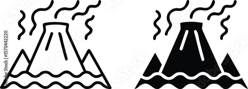 Volcano Eruption Icon Set – Black and White Vector Silhouettes with Smoke and Mountain Elements