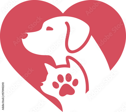 Illustration of a red heart with a dog and cat silhouette inside on a light cream colored background