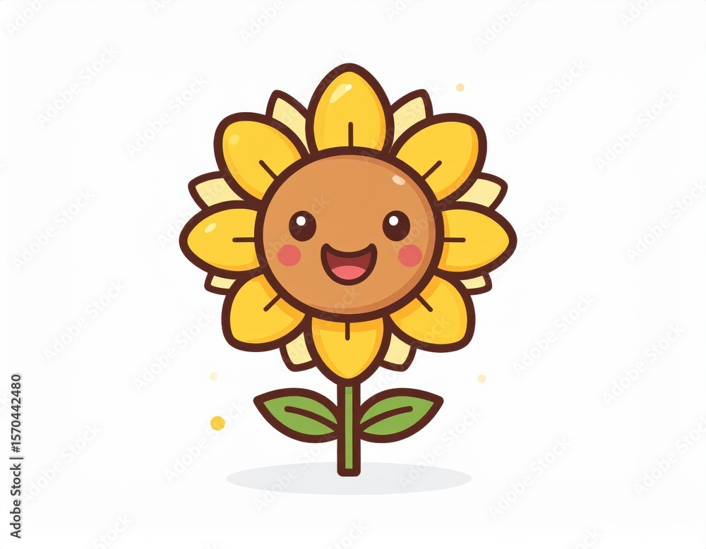 Fototapeta premium A cheerful cartoon sunflower with a smiling face, bright yellow petals, and green leaves on a simple white background.