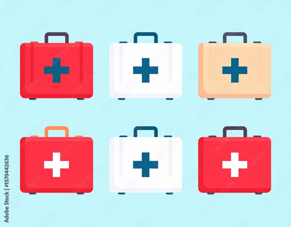Obraz premium Six colorful first aid kits with medical cross symbols in red, white, and beige colors on a light blue background.