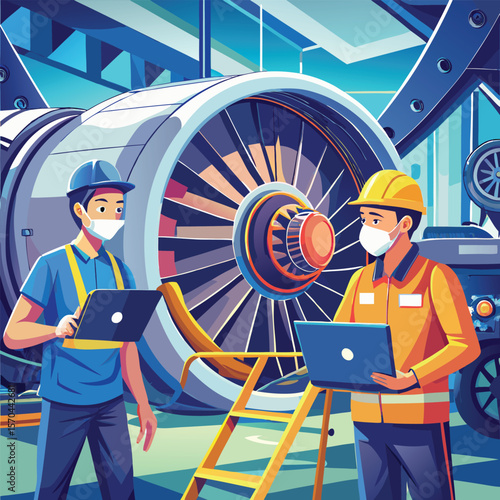 Two engineers in protective masks and hard hats working on a jet engine silhouette