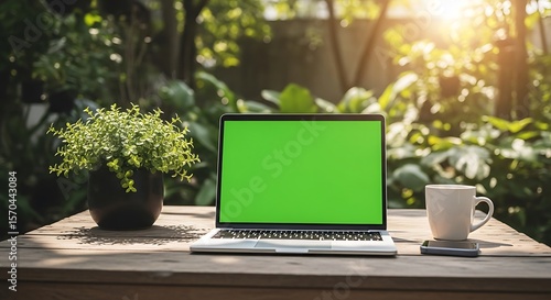 Laptop with Green Screen in a Lush Garden Setting Perfect for Mockups and Presentations
